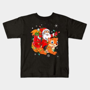 Santa Riding Squirrel Christmas Lights Xmas Kids T-Shirt